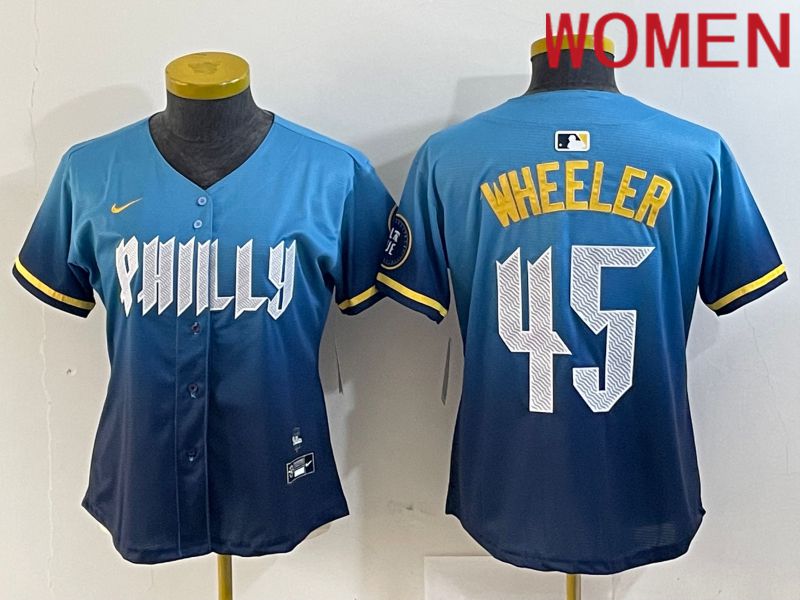 Women Philadelphia Phillies #45 Wheeler Blue City Edition Nike 2024 MLB Jersey style 1->women mlb jersey->Women Jersey
